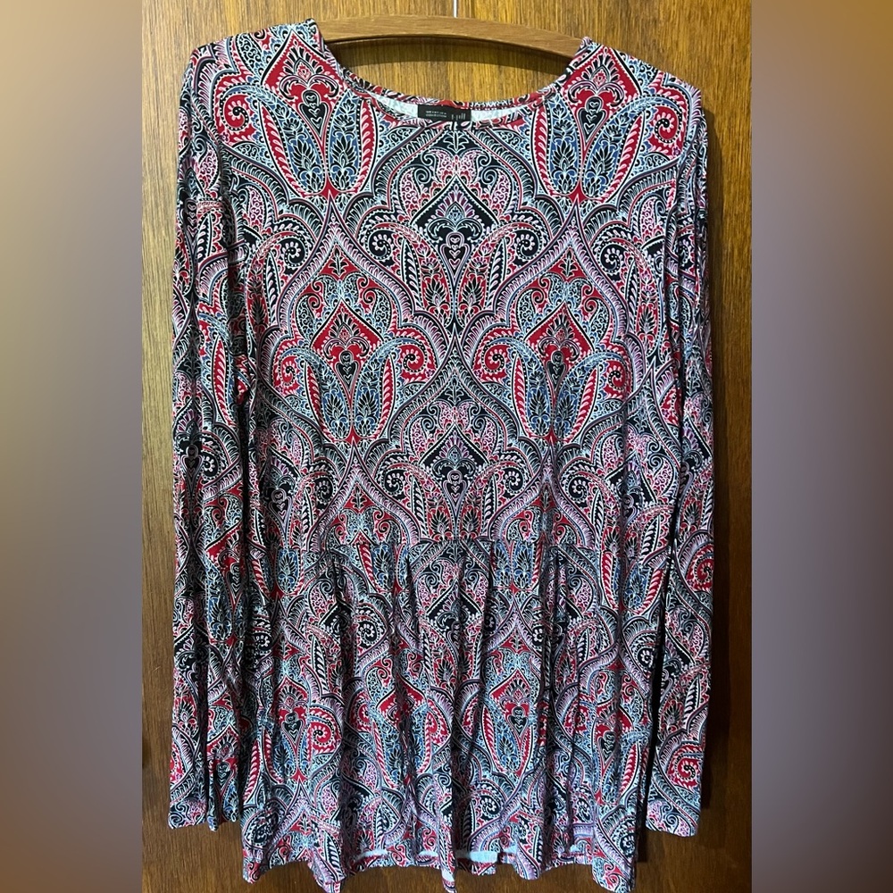 J.Jill Wearever Collection Medallion Print Peplum Long Sleeve Empire Waist Tunic